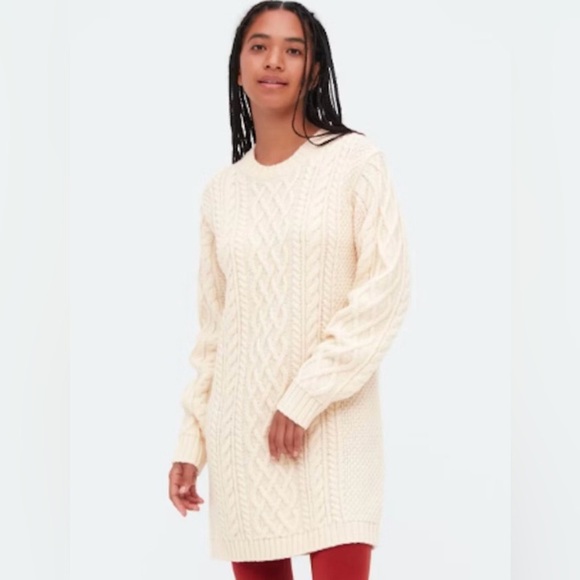 Uniqlo Cream Crew-Neck Long-Sleeved Mini Dress Cable Knit Sweater size S - Picture 6 of 6